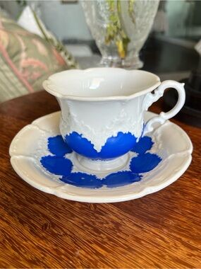 Authentic Meissen B-Form Cobalt Blue and White Porcelain Teacup & Saucer Set